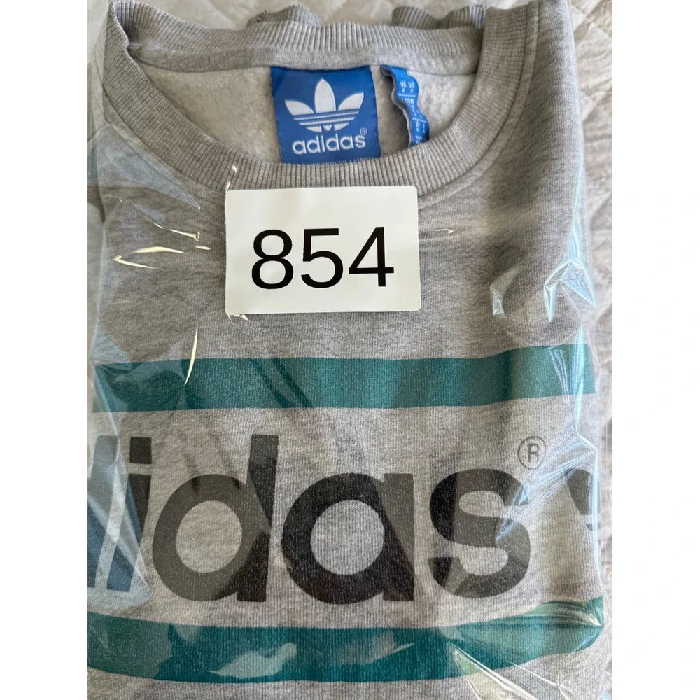 Adidas Sweatshirt Small Trefoil Logo Graphic Teal Stripe Cotton Blend‎ Gray S